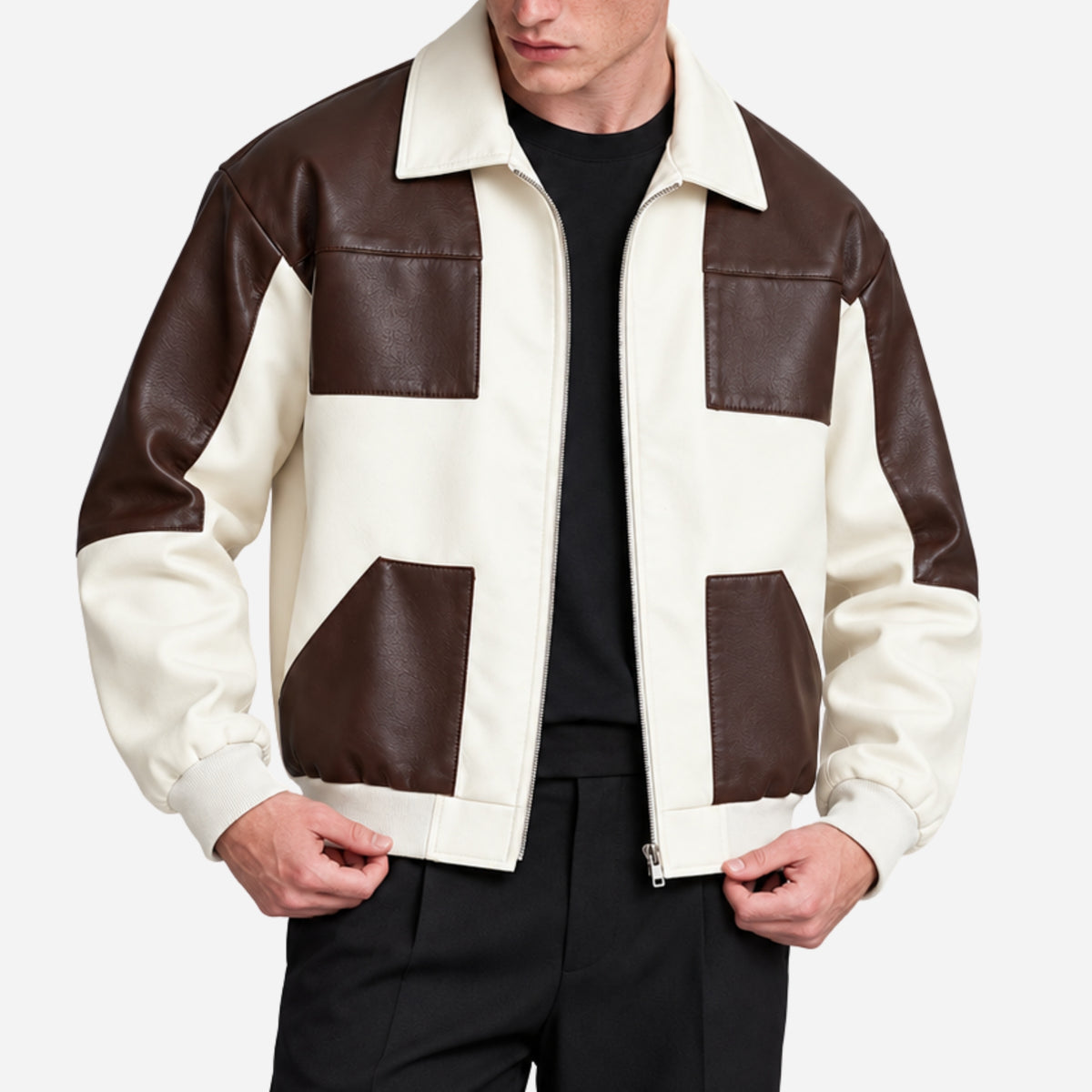 Men’s Contrast-Panel Multi-Pocket Zip Jacket-Fowsa