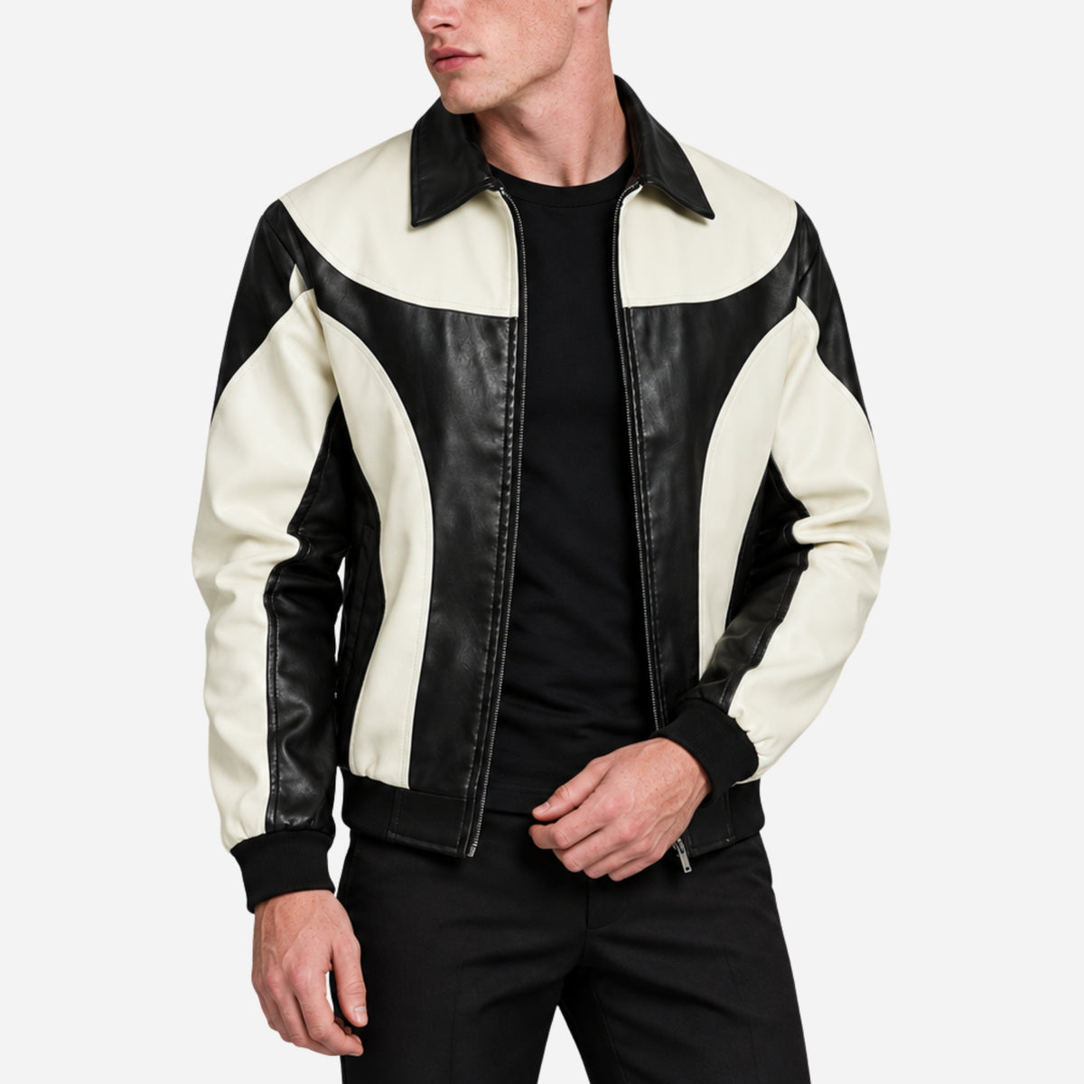 Men’s Contrast-Panel Zip-Up Bomber Jacket-Fowsa