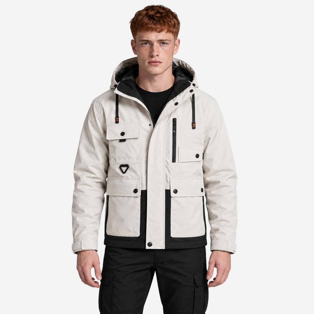 Men’s Contrast-Trim Hooded Utility Jacket-Fowsa