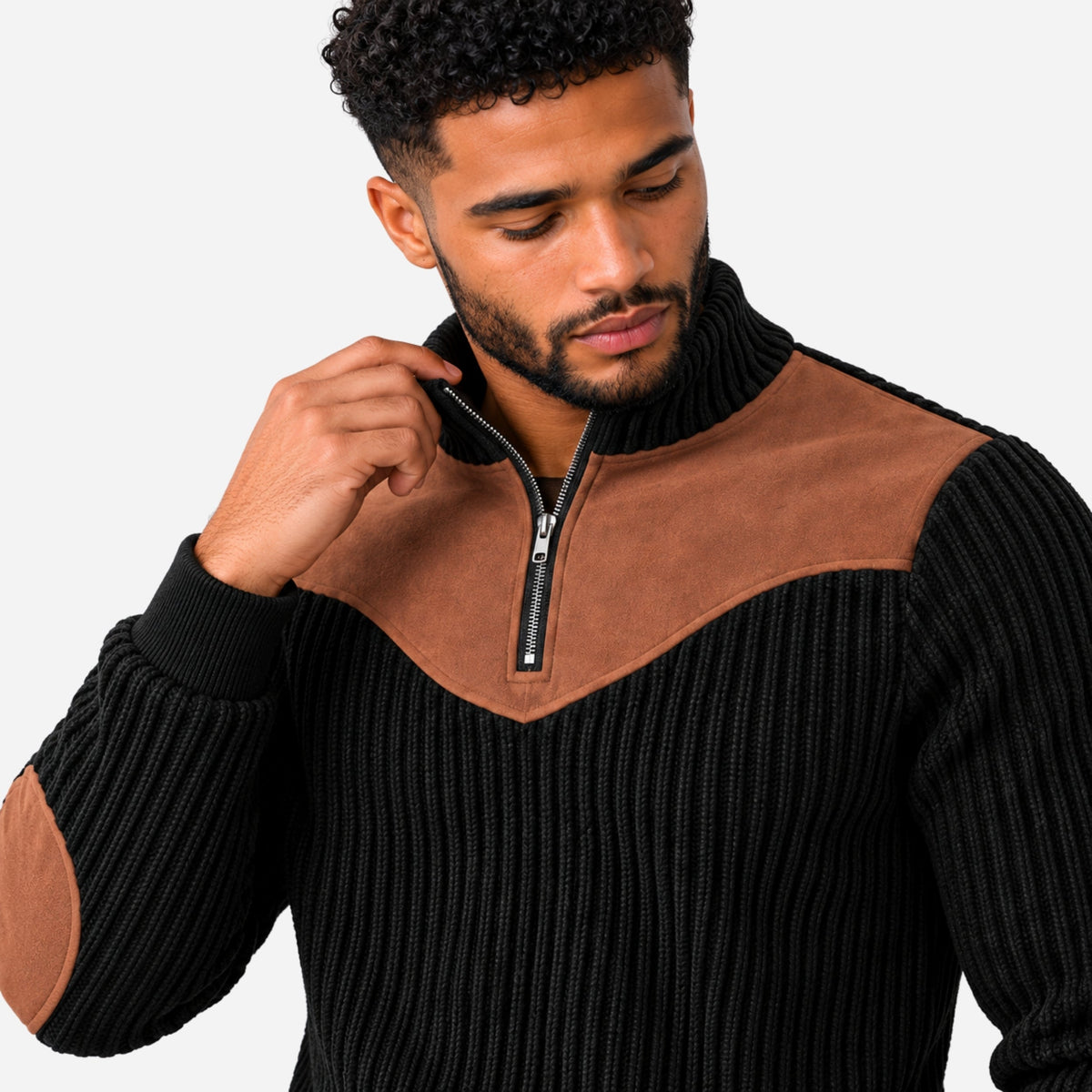 Men’s Contrast-Yoke Half-Zip Ribbed Collar Jumper-Fowsa