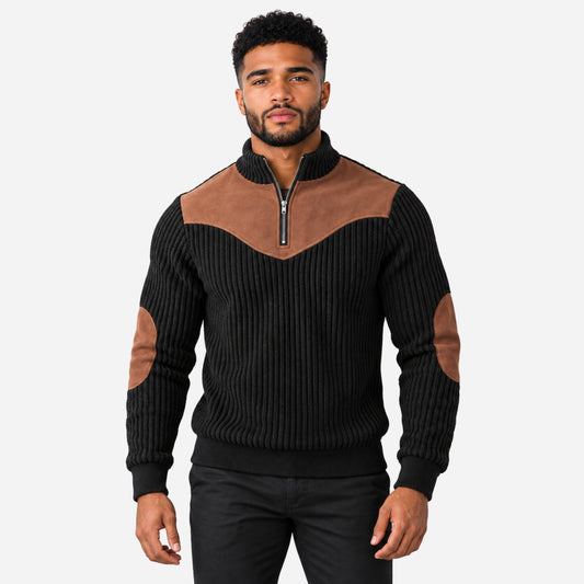 Men’s Contrast-Yoke Half-Zip Ribbed Collar Jumper-Fowsa