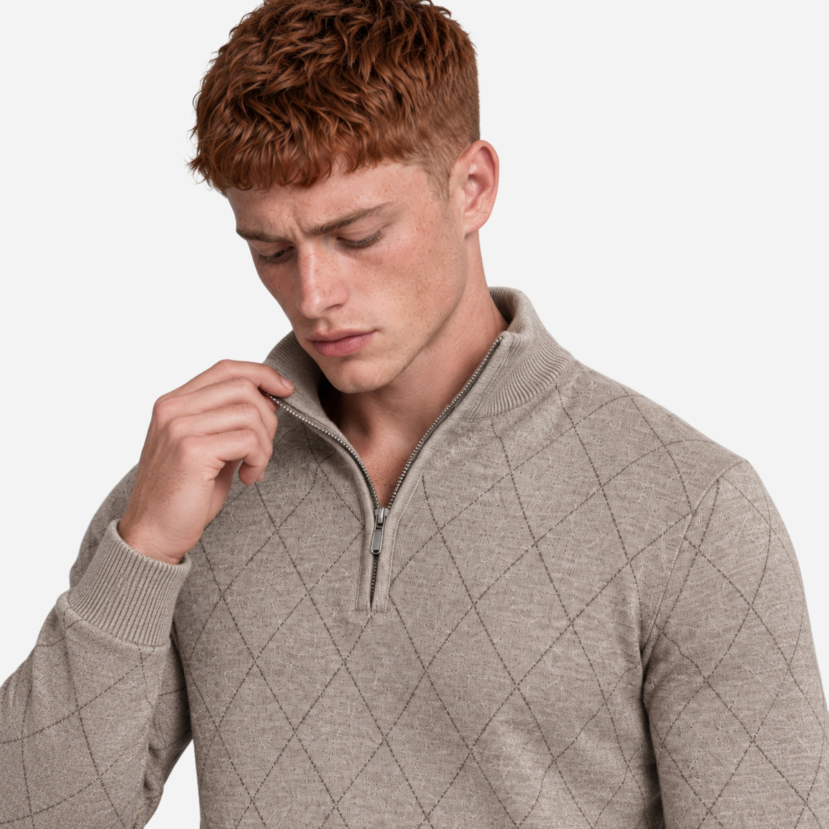 Men’s Diamond-Pattern Quarter-Zip Collar Jumper-Fowsa