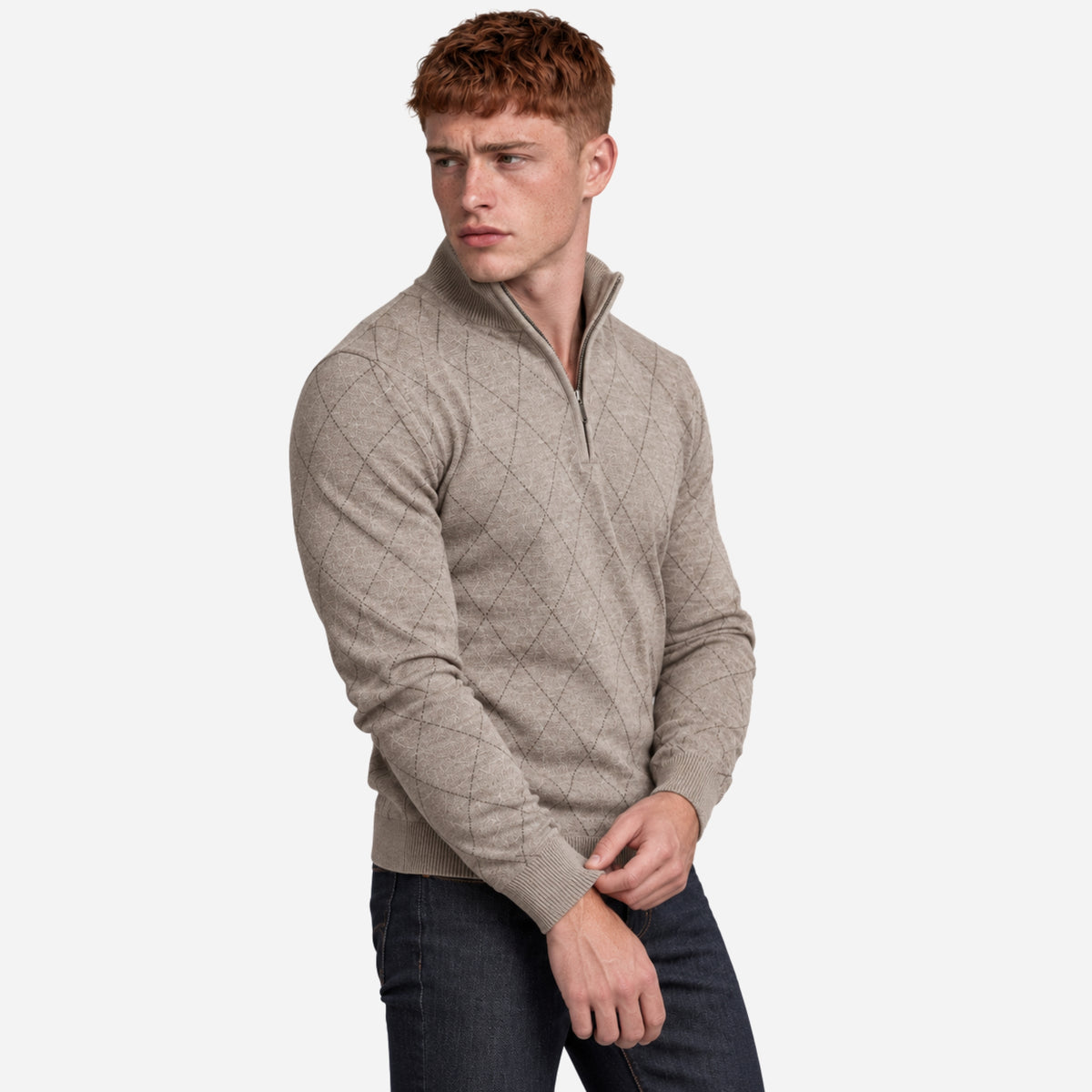Men’s Diamond-Pattern Quarter-Zip Collar Jumper-Fowsa