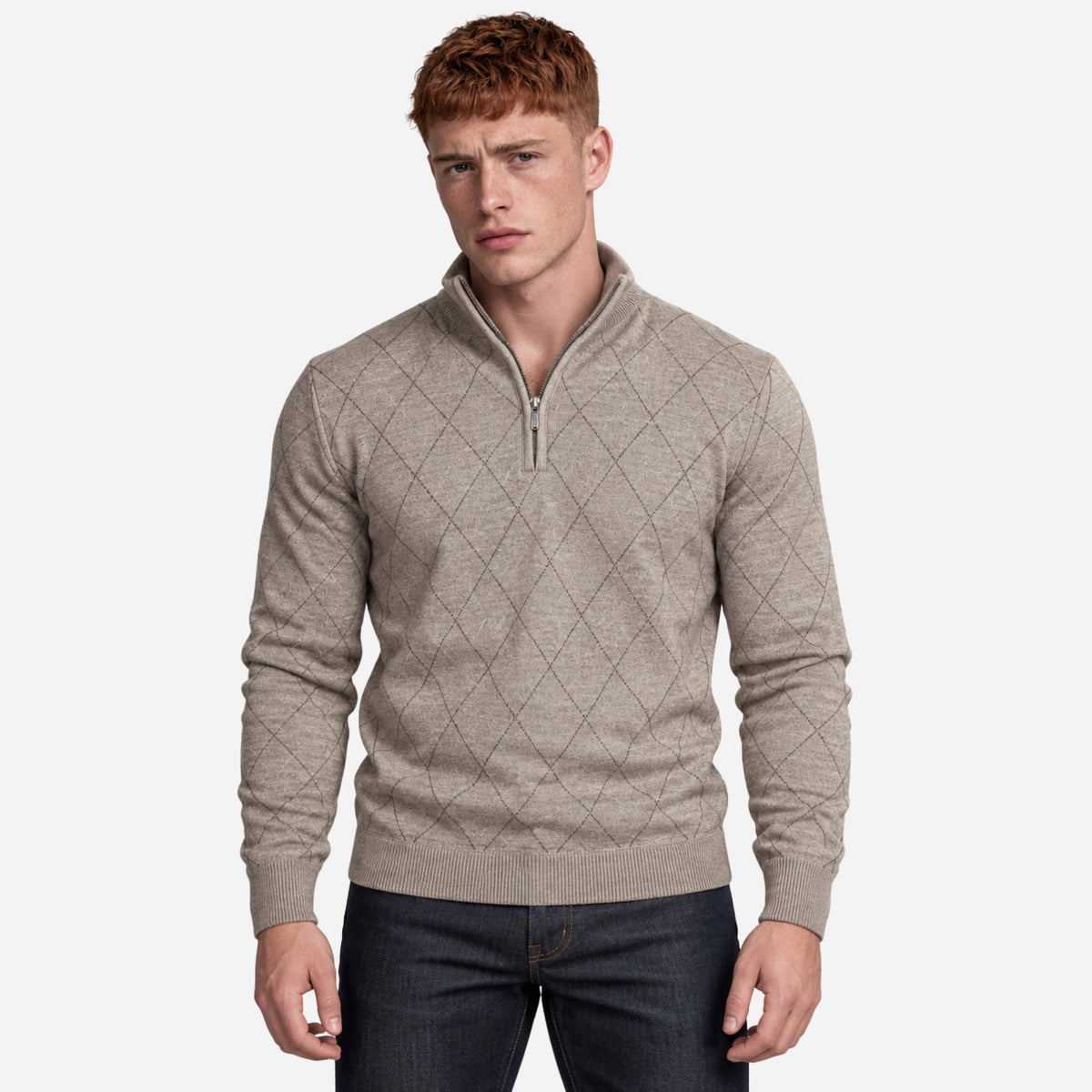 Men’s Diamond-Pattern Quarter-Zip Collar Jumper-Fowsa