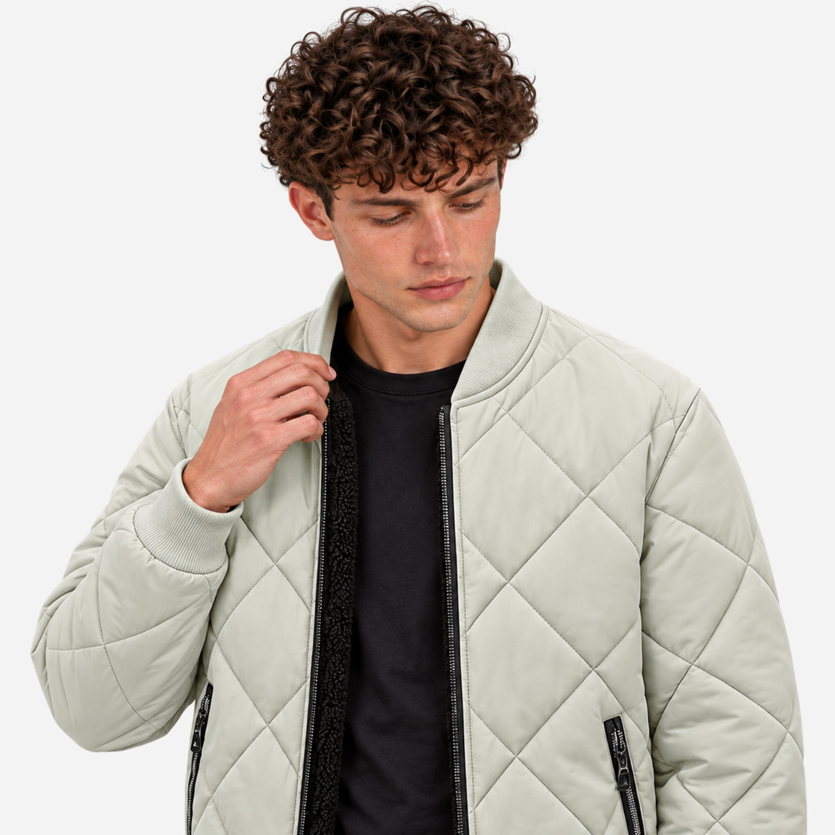 Men’s Diamond-Quilted Ribbed-Trim Bomber Jacket-Fowsa