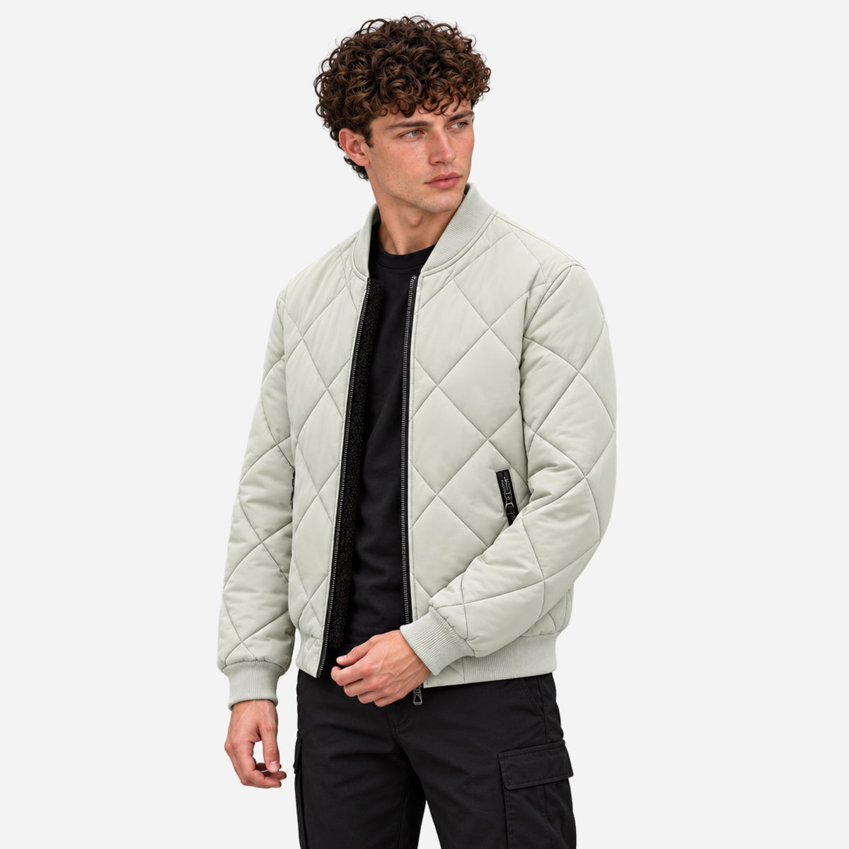 Men’s Diamond-Quilted Ribbed-Trim Bomber Jacket-Fowsa