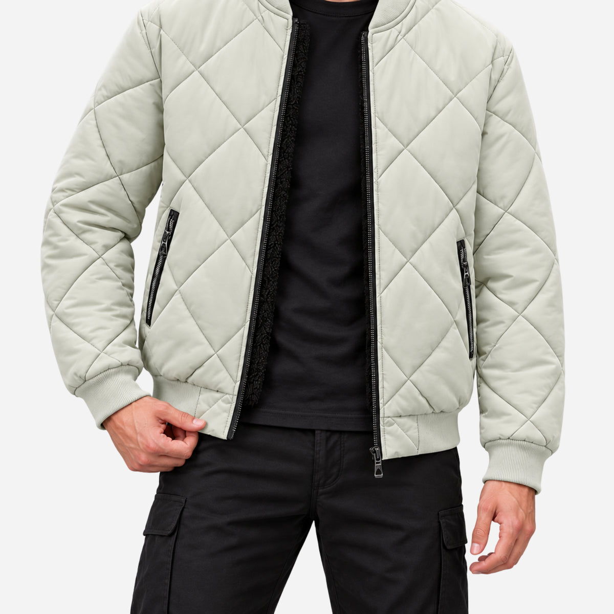 Men’s Diamond-Quilted Ribbed-Trim Bomber Jacket-Fowsa