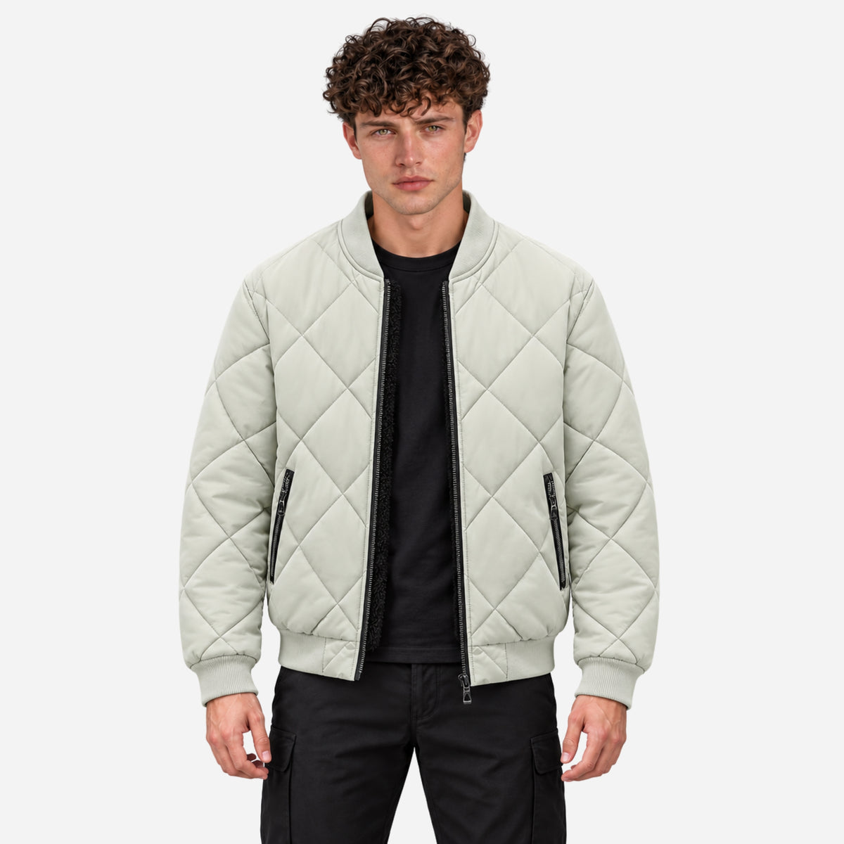 Men’s Diamond-Quilted Ribbed-Trim Bomber Jacket-Fowsa