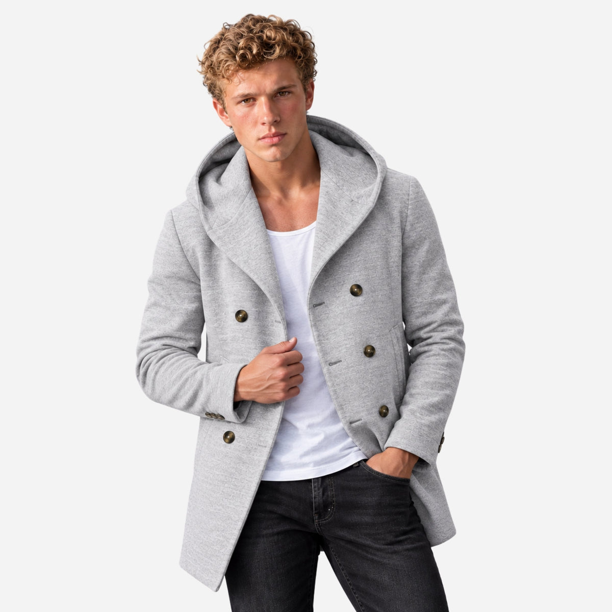 Men's Double-Breasted Casual Hooded Coat-Fowsa
