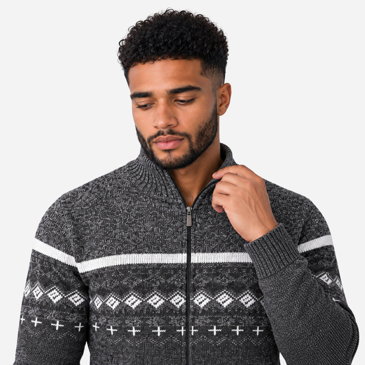 Men’s Fair-Isle Full-Zip Stand-Collar Jumper-Fowsa