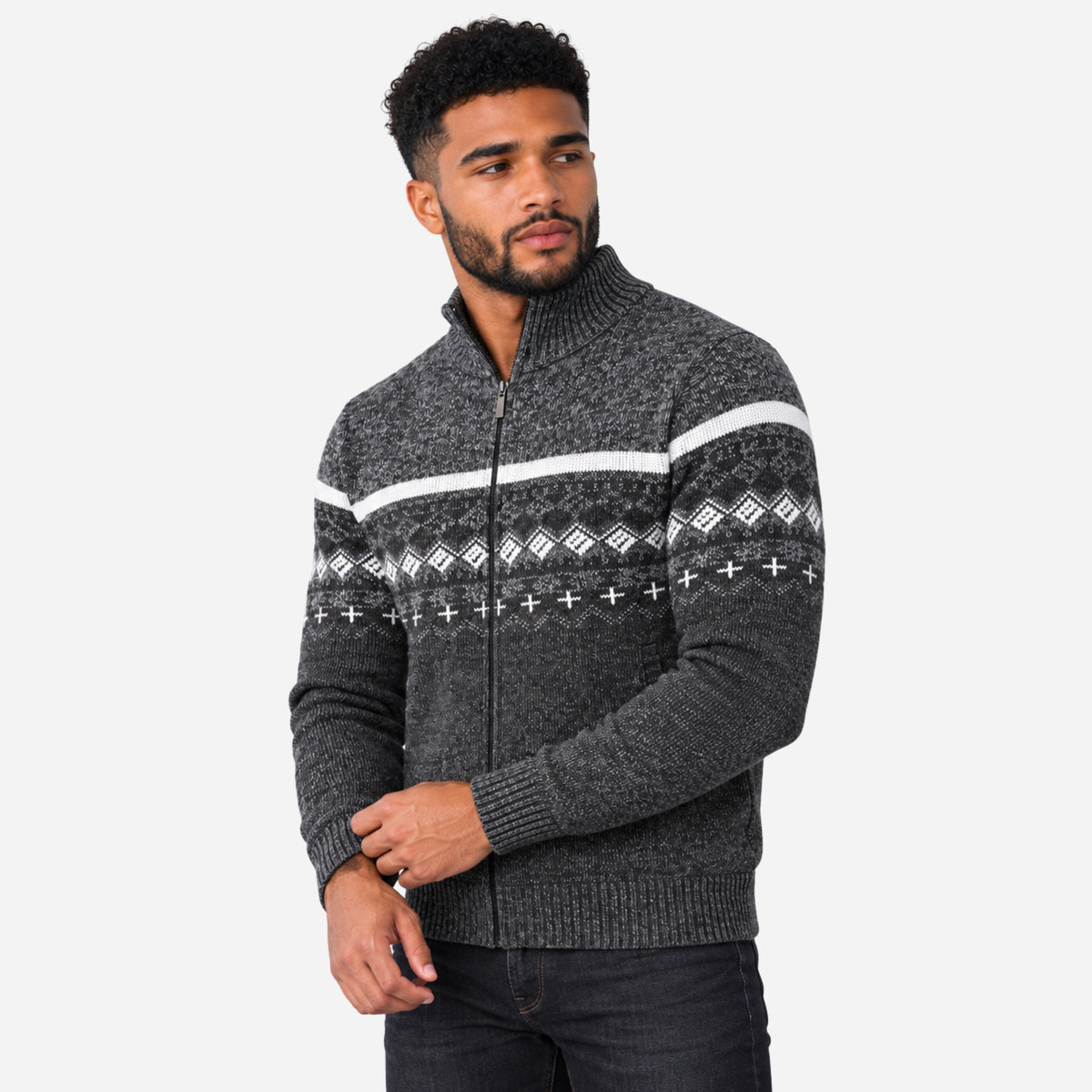 Men’s Fair-Isle Full-Zip Stand-Collar Jumper-Fowsa