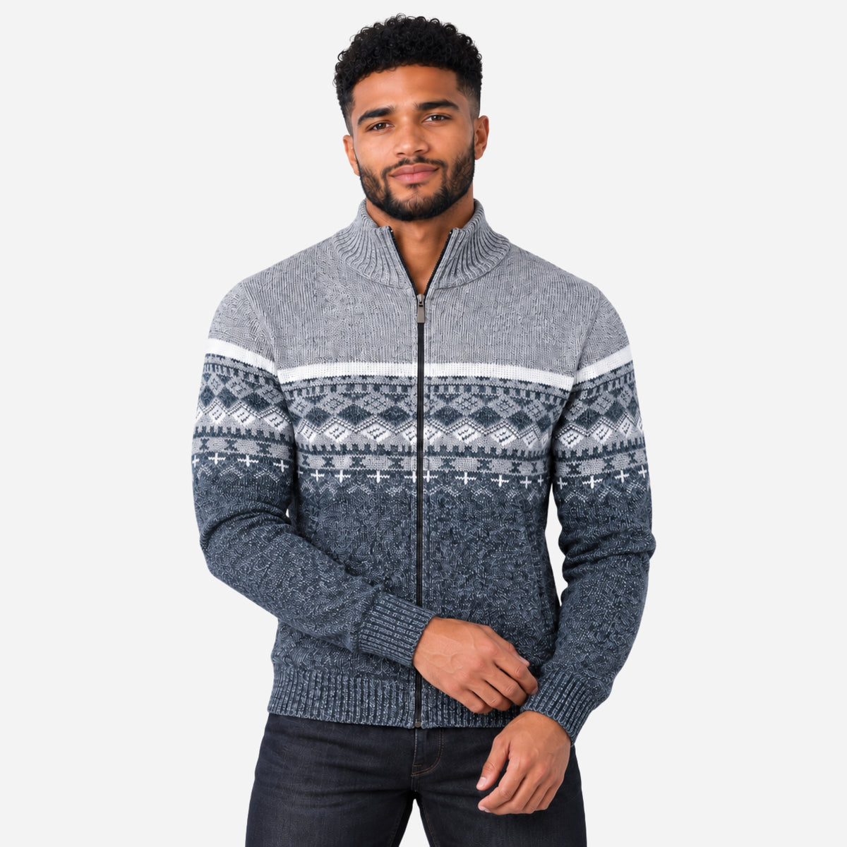 Men’s Fair-Isle Full-Zip Stand-Collar Jumper-Fowsa