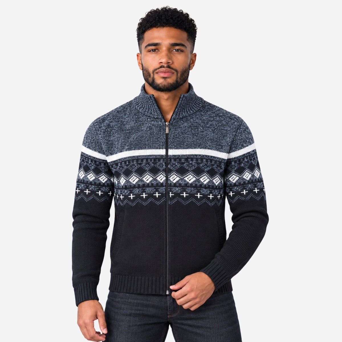 Men’s Fair-Isle Full-Zip Stand-Collar Jumper-Fowsa