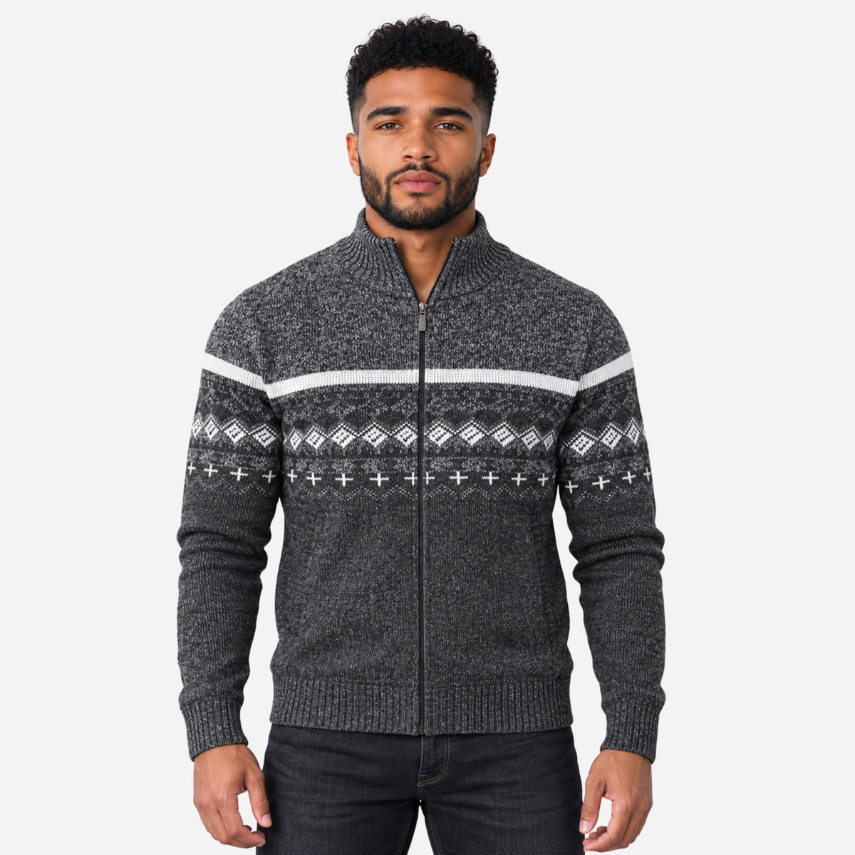 Men’s Fair-Isle Full-Zip Stand-Collar Jumper-Fowsa