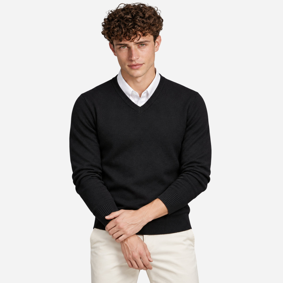 Men’s Fine-Knit V-Neck Jumper-Fowsa