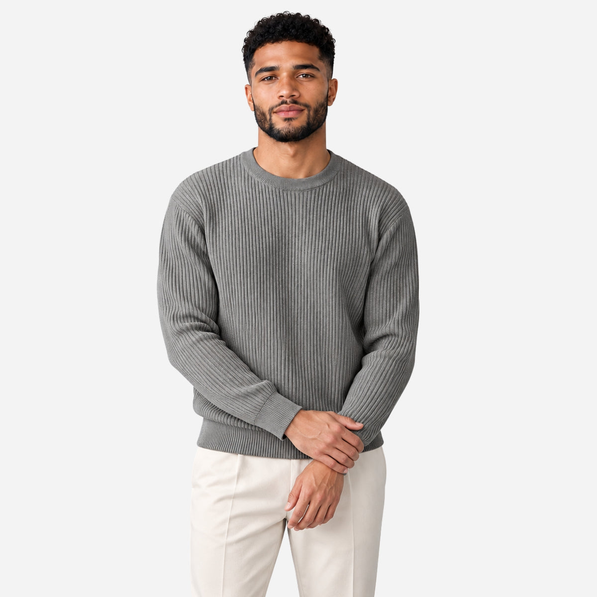 Men’s Fine-Rib Round-Neck Knitted Jumper-Fowsa