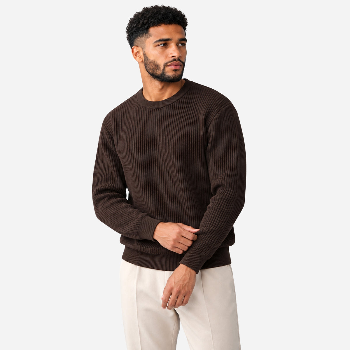 Men’s Fine-Rib Round-Neck Knitted Jumper-Fowsa