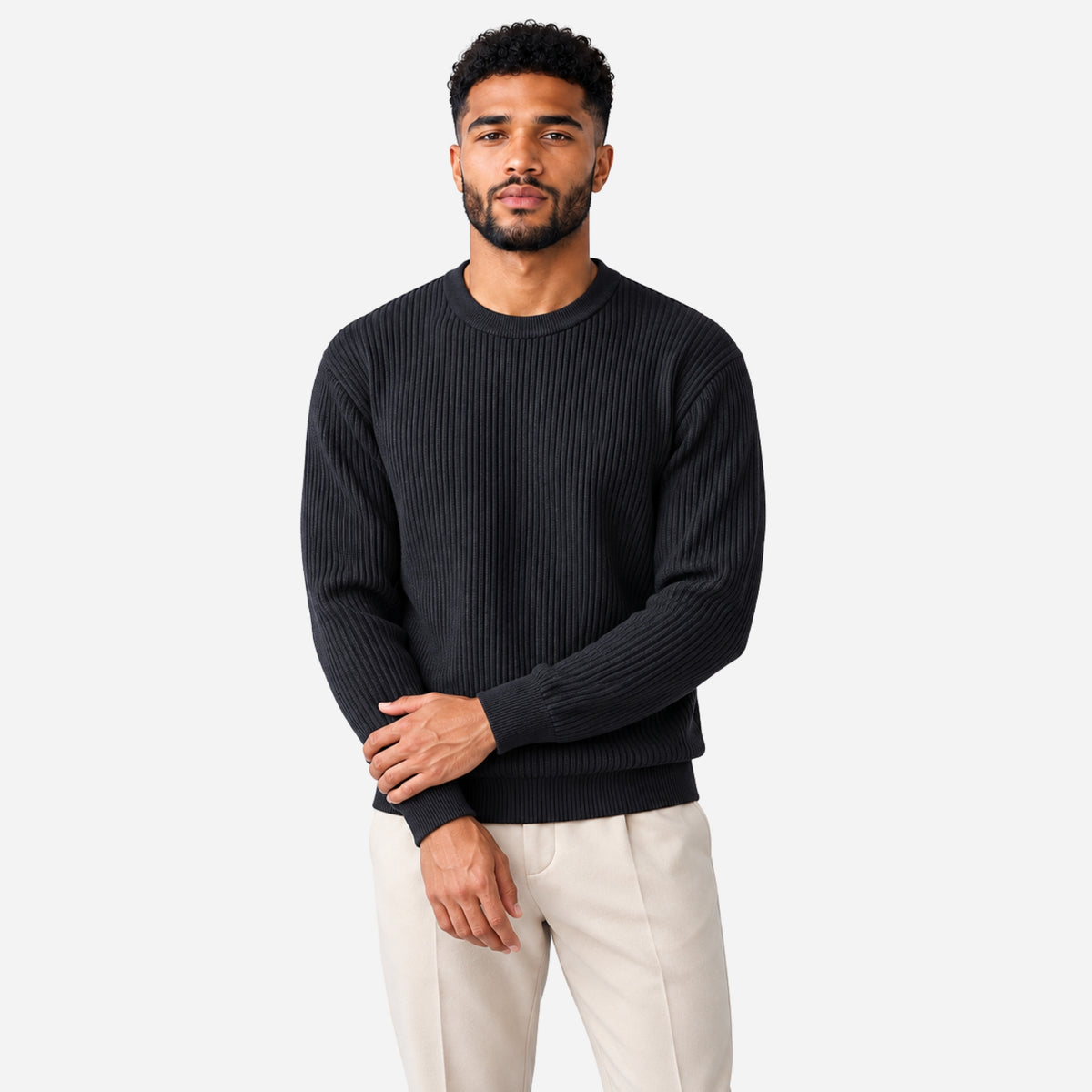 Men’s Fine-Rib Round-Neck Knitted Jumper-Fowsa