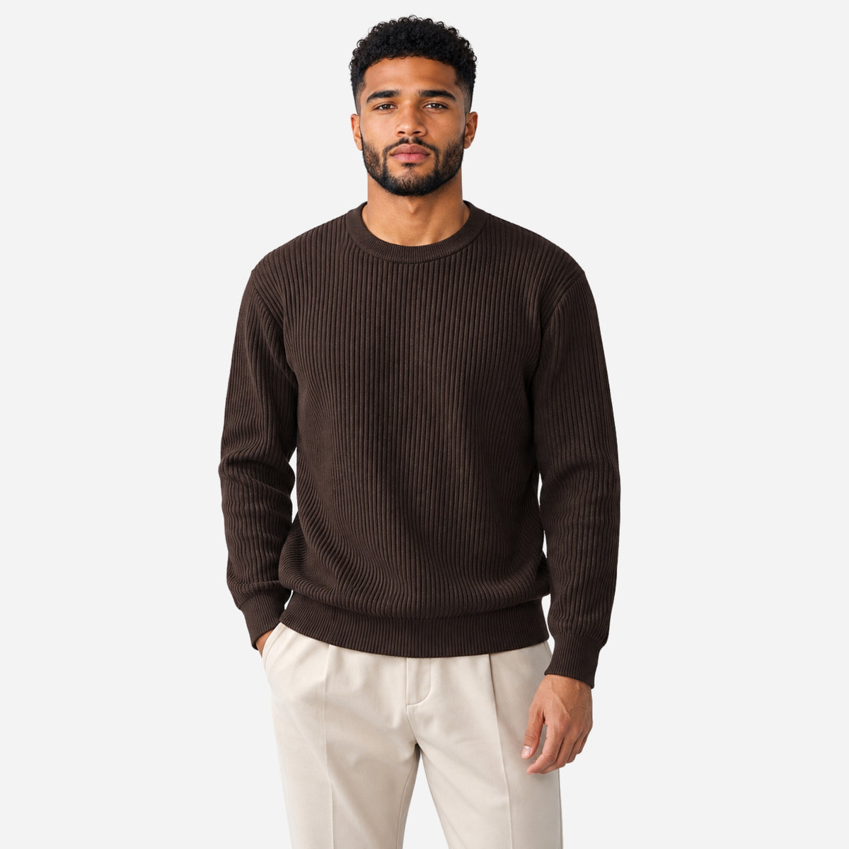 Men’s Fine-Rib Round-Neck Knitted Jumper-Fowsa