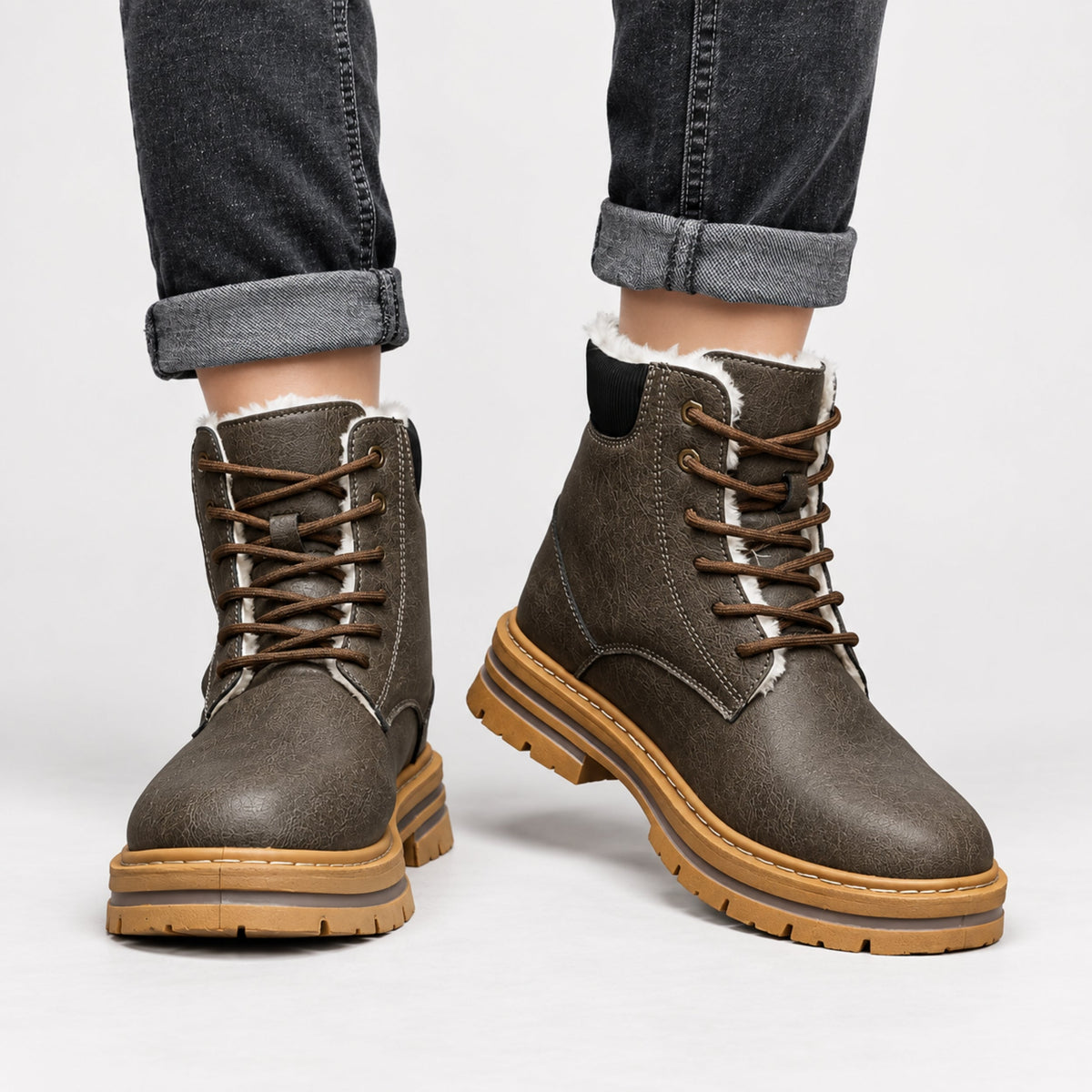 Men's Fur-Lined Lace-Up Ankle Boots-Fowsa