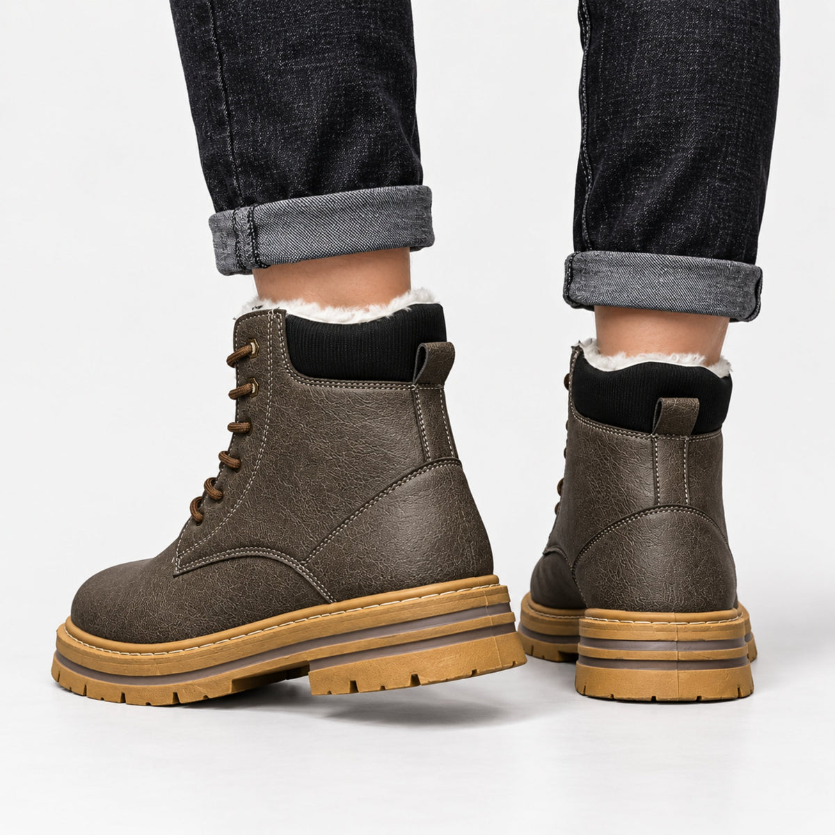 Men's Fur-Lined Lace-Up Ankle Boots-Fowsa