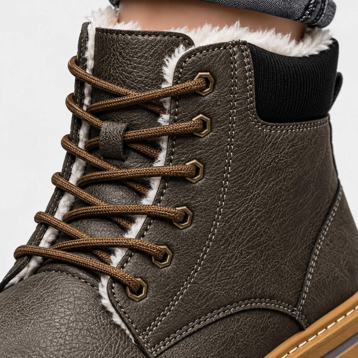 Men's Fur-Lined Lace-Up Ankle Boots-Fowsa