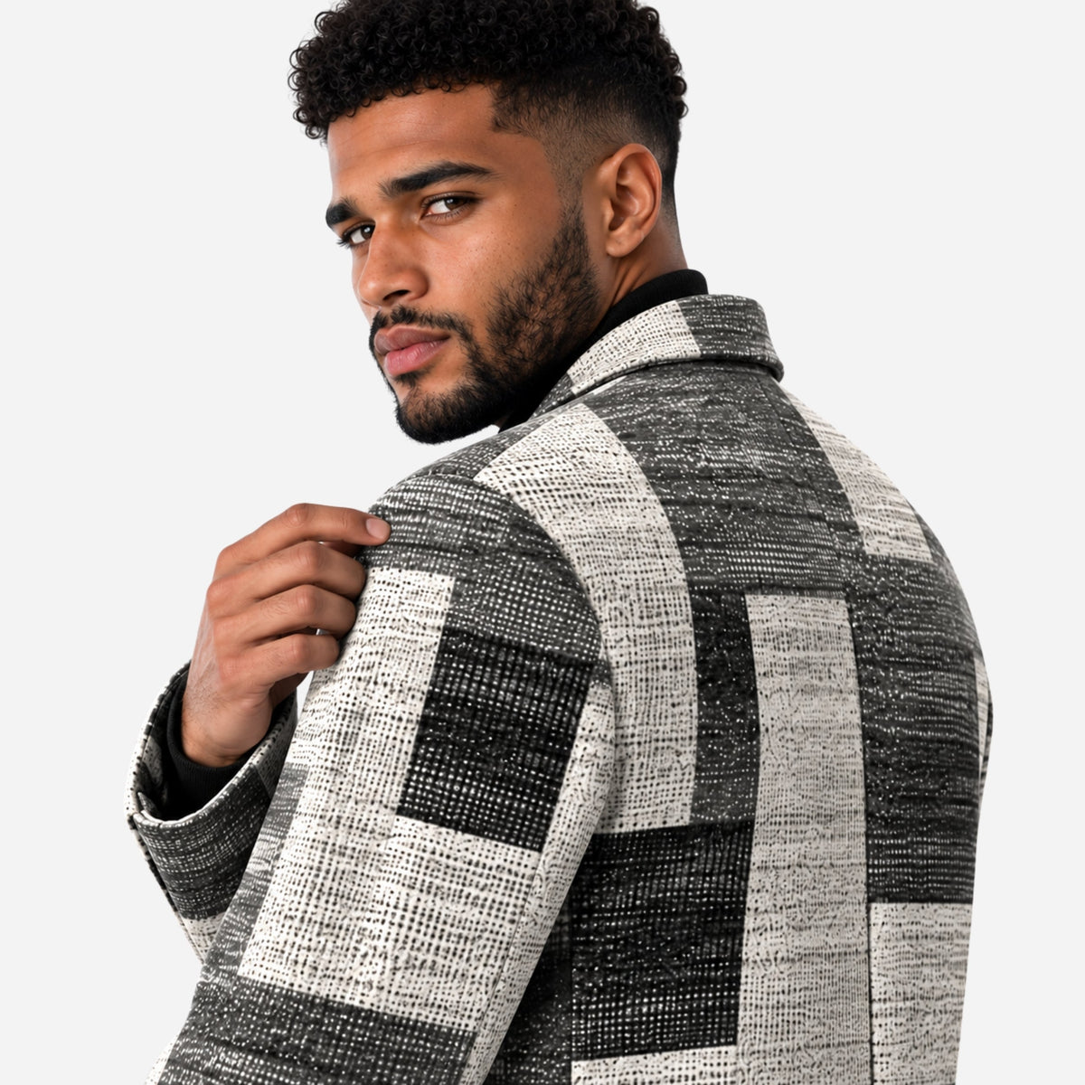 Men's Geometric Check Single-Breasted Long Coat-Fowsa