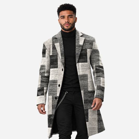 Men's Geometric Check Single-Breasted Long Coat-Fowsa
