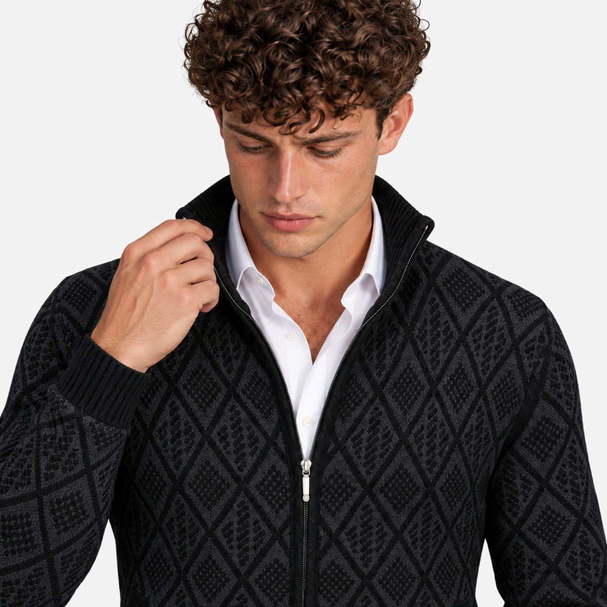 Men’s Geometric Full-Zip Stand-Collar Jumper-Fowsa