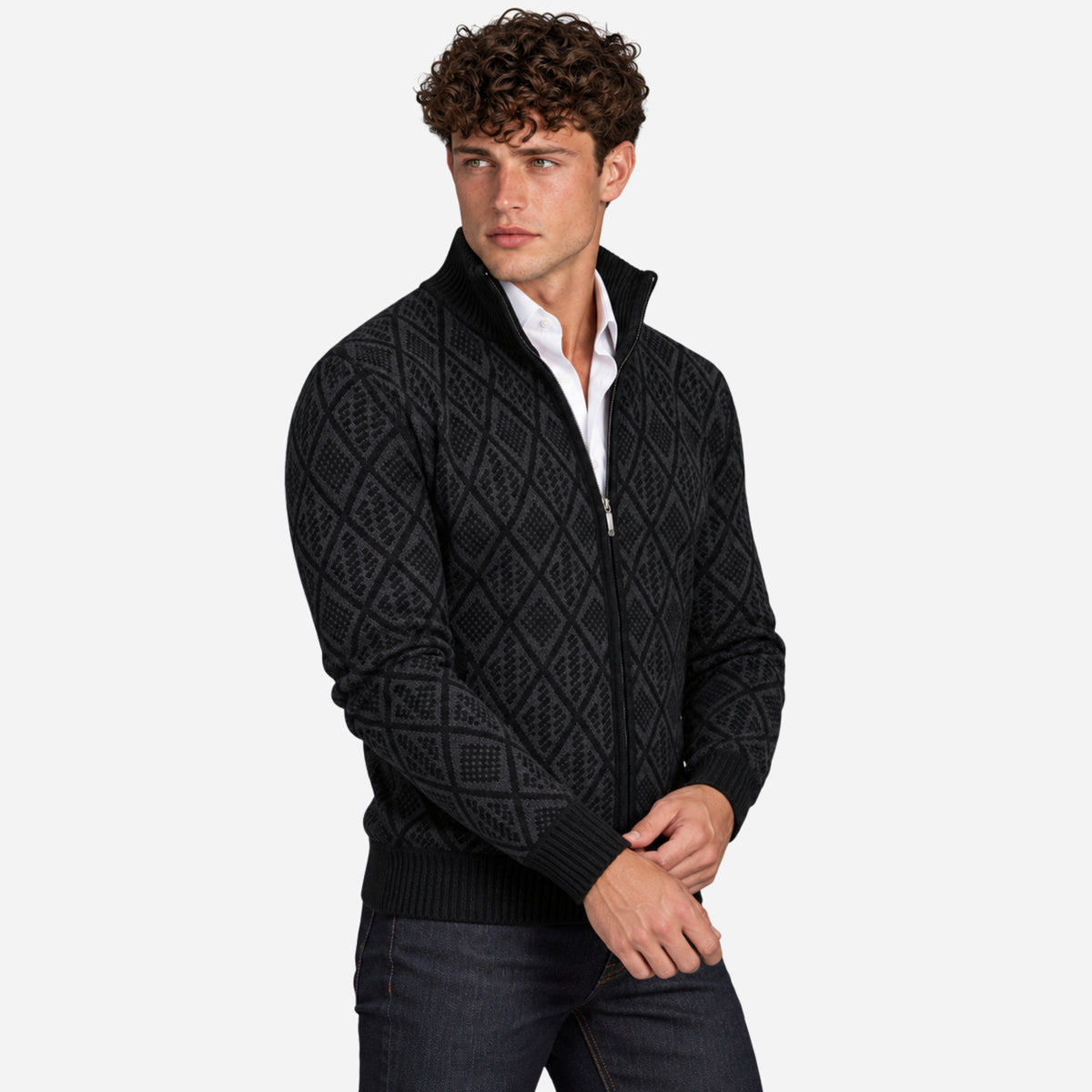 Men’s Geometric Full-Zip Stand-Collar Jumper-Fowsa