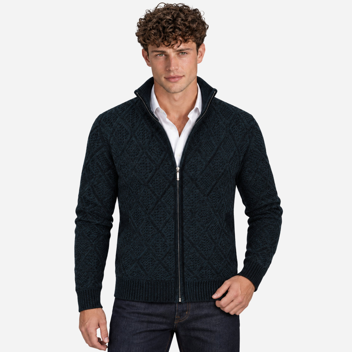 Men’s Geometric Full-Zip Stand-Collar Jumper-Fowsa