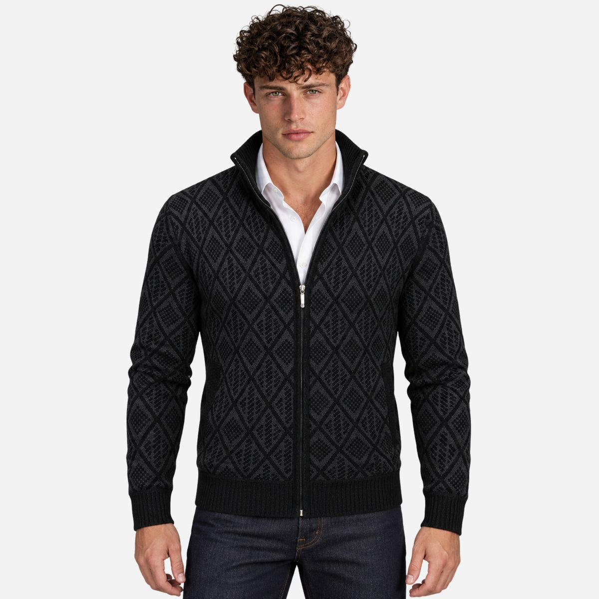 Men’s Geometric Full-Zip Stand-Collar Jumper-Fowsa