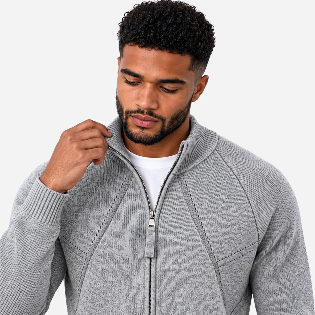 Men’s Geometric Panel Full-Zip Cardigan Jumper-Fowsa
