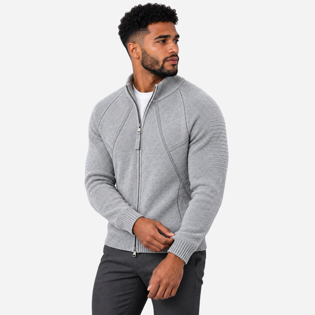 Men’s Geometric Panel Full-Zip Cardigan Jumper-Fowsa