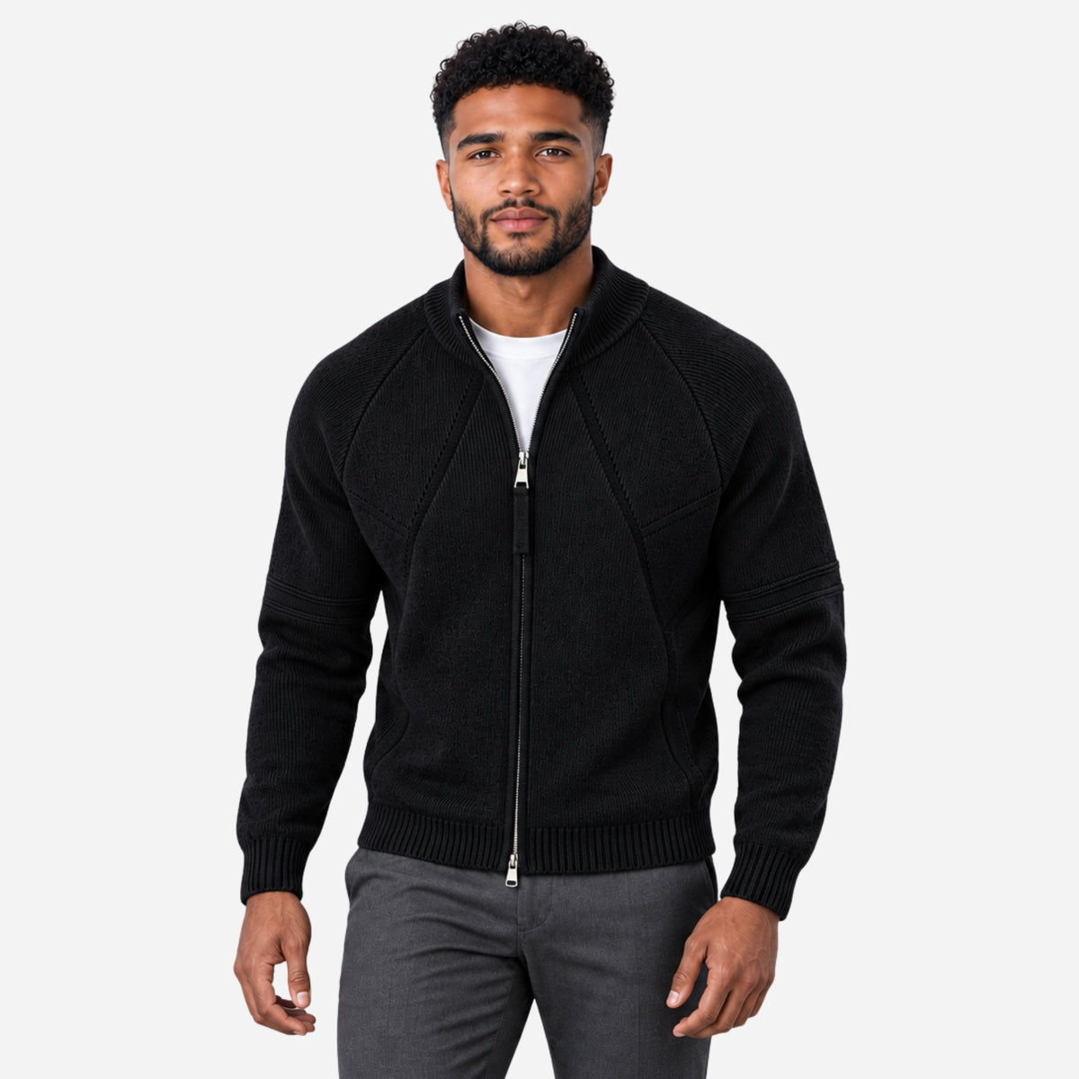 Men’s Geometric Panel Full-Zip Cardigan Jumper-Fowsa