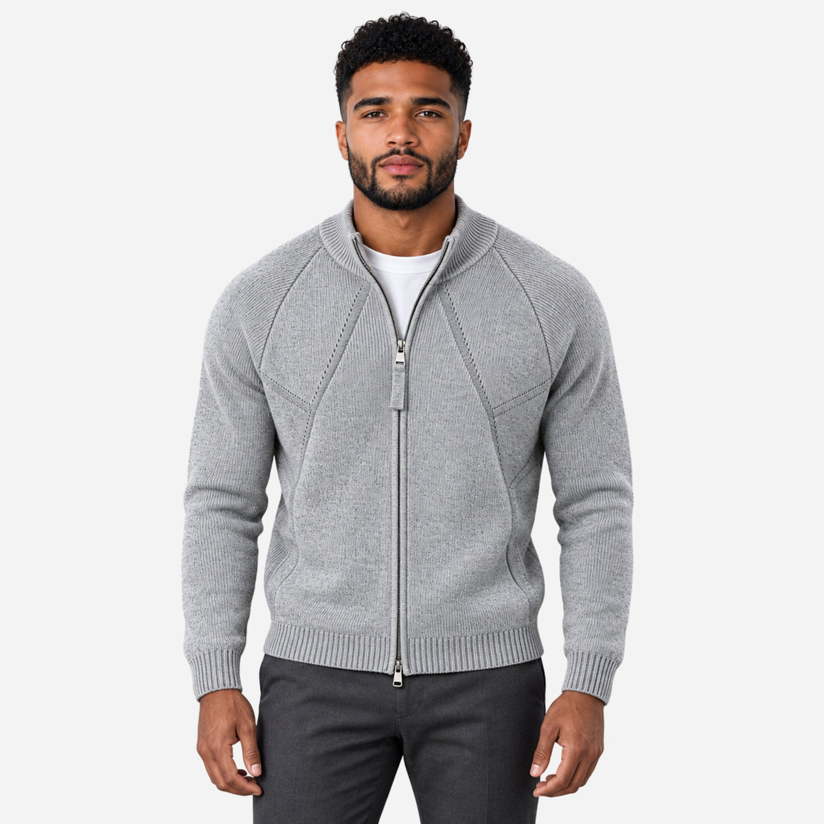 Men’s Geometric Panel Full-Zip Cardigan Jumper-Fowsa