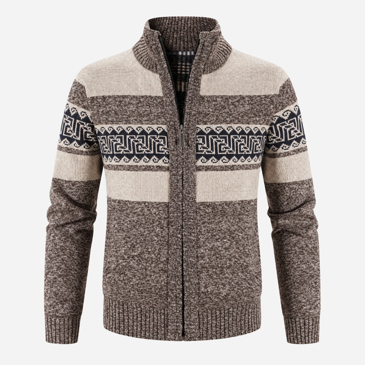 Men’s Geometric Plush-Lined Zip-Up Jumper-Fowsa