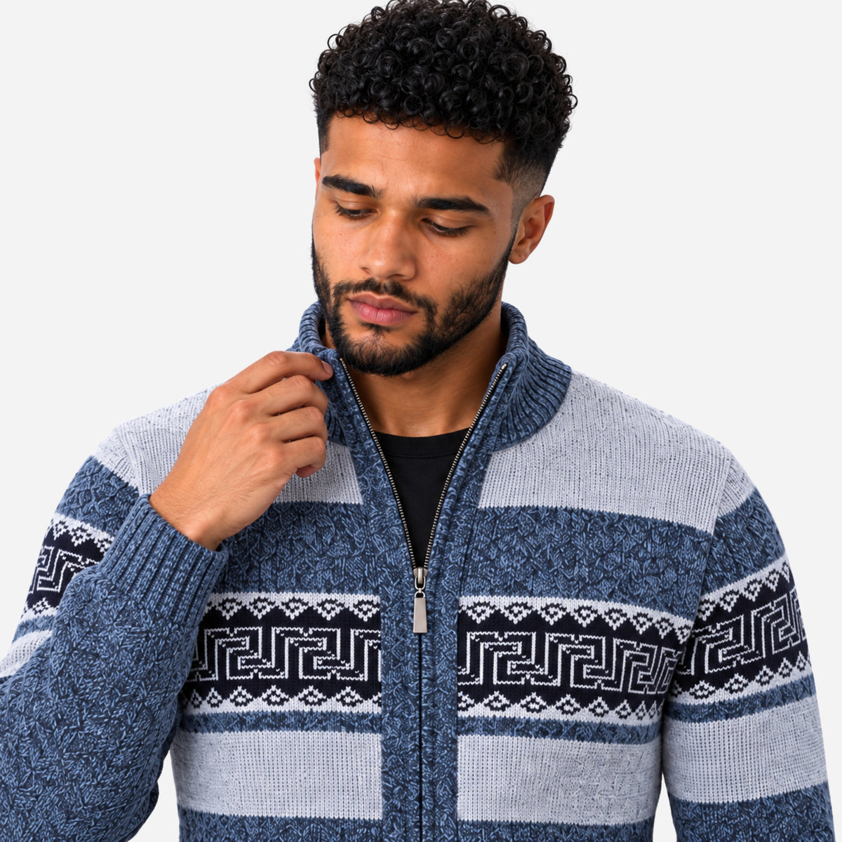Men’s Geometric Plush-Lined Zip-Up Jumper-Fowsa