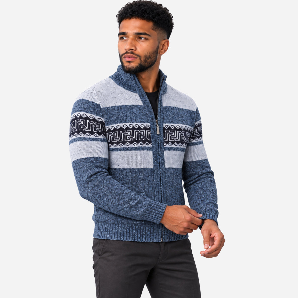 Men’s Geometric Plush-Lined Zip-Up Jumper-Fowsa