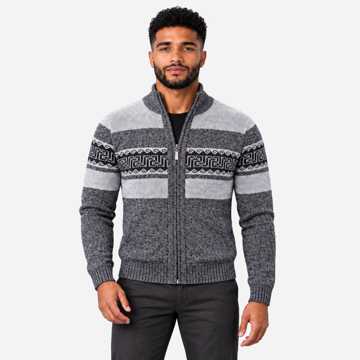 Men’s Geometric Plush-Lined Zip-Up Jumper-Fowsa