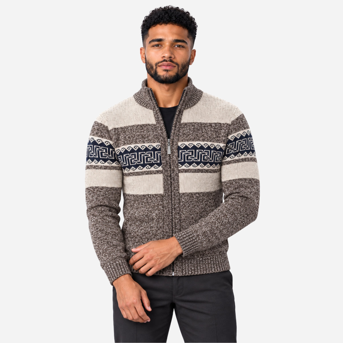 Men’s Geometric Plush-Lined Zip-Up Jumper-Fowsa