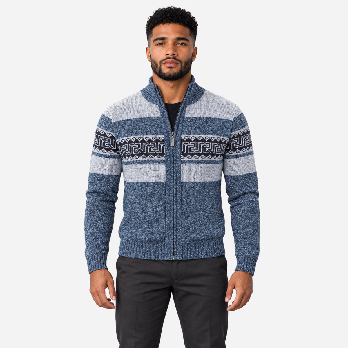 Men’s Geometric Plush-Lined Zip-Up Jumper-Fowsa