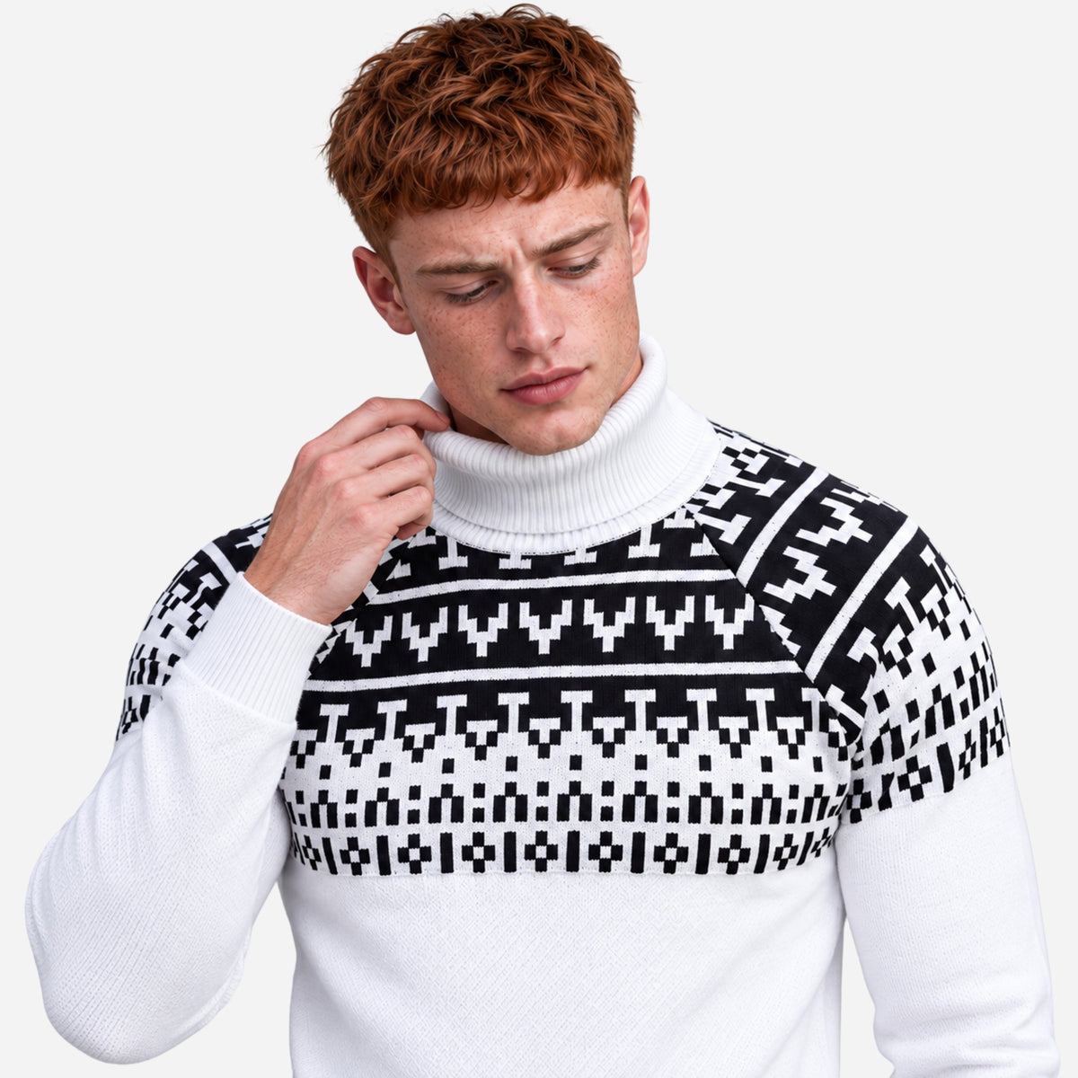 Men’s Geometric Yoke Turtleneck Knitted Jumper-Fowsa