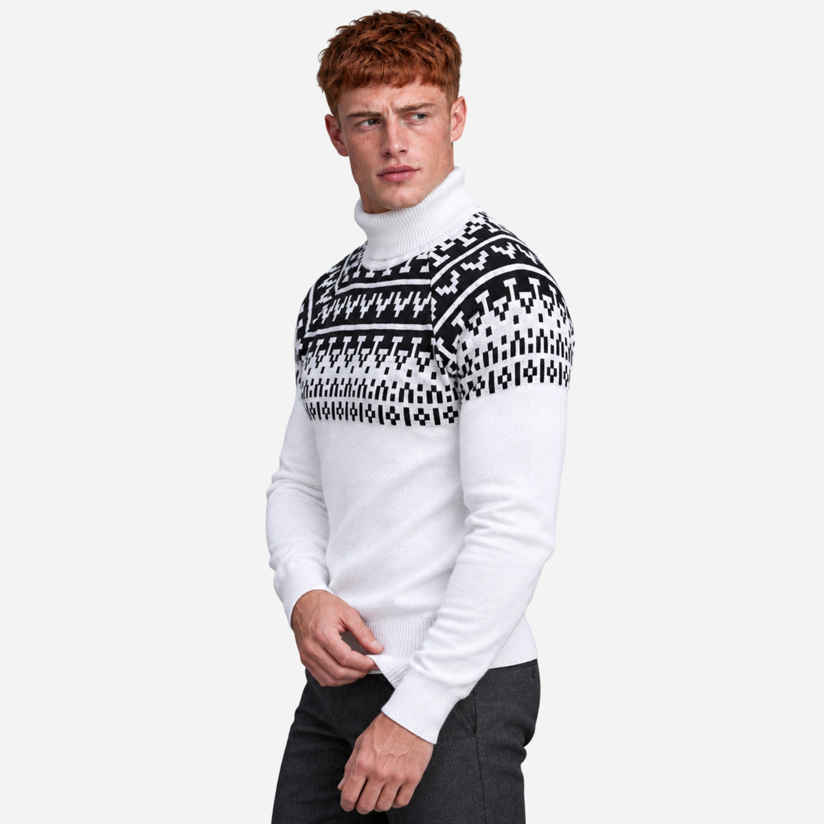 Men’s Geometric Yoke Turtleneck Knitted Jumper-Fowsa