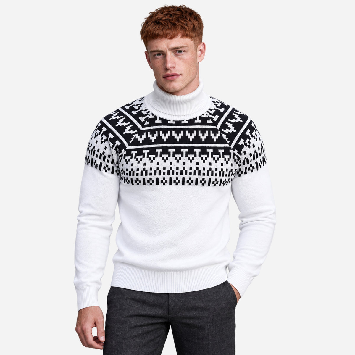 Men’s Geometric Yoke Turtleneck Knitted Jumper-Fowsa