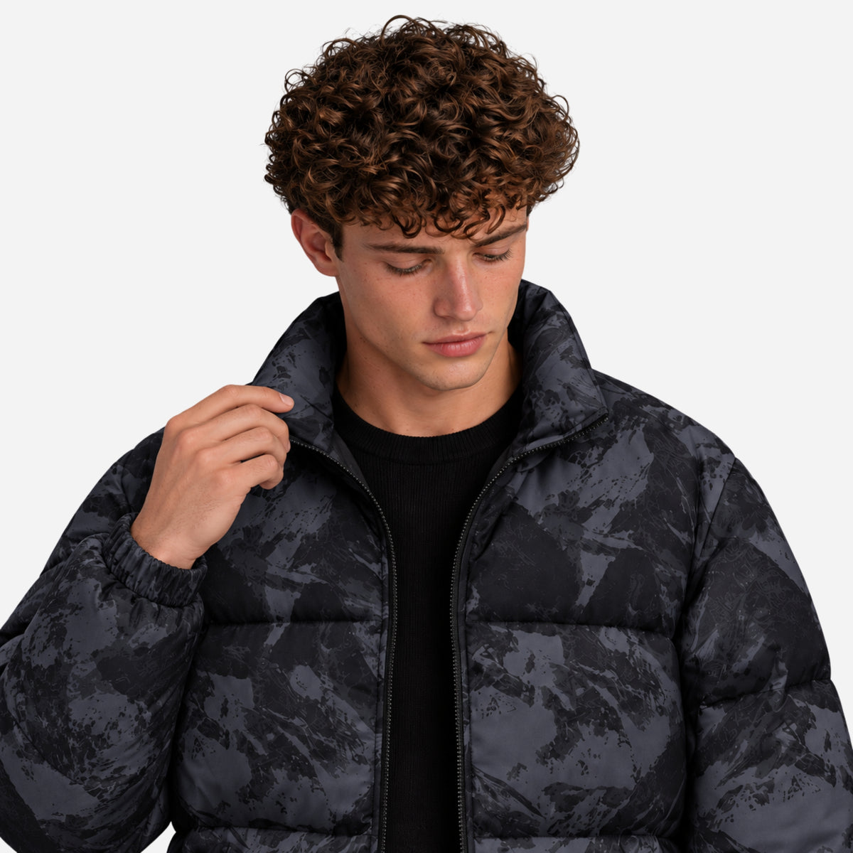 Men’s Graphic-Print Stand-Collar Puffer Jacket-Fowsa