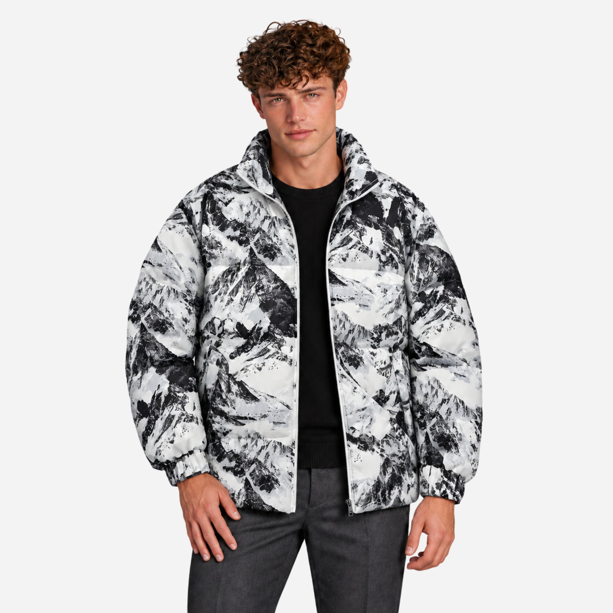 Men’s Graphic-Print Stand-Collar Puffer Jacket-Fowsa