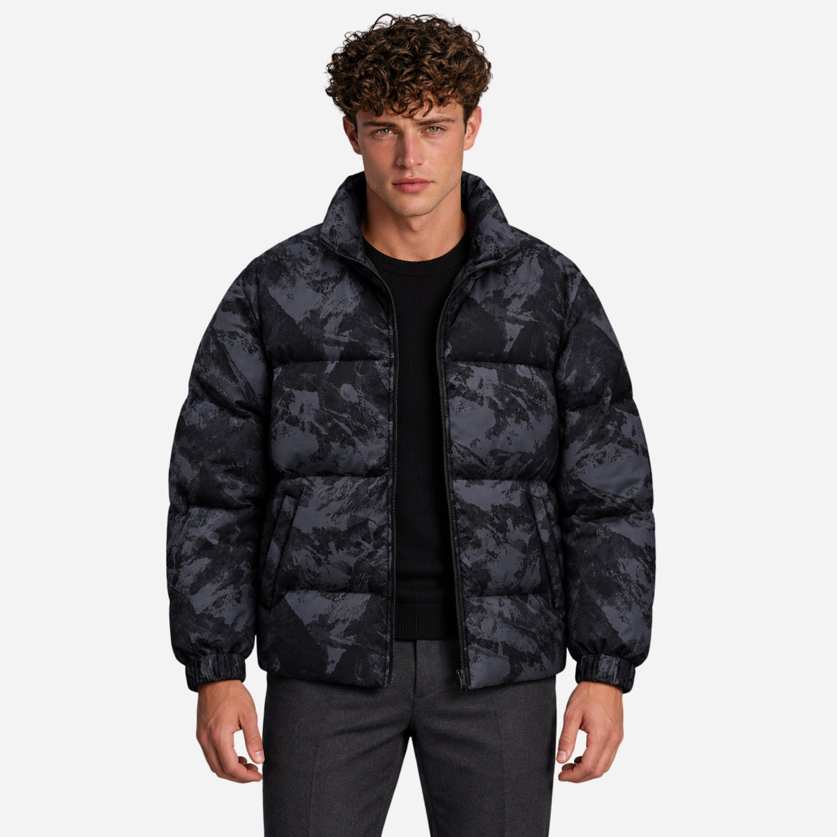 Men’s Graphic-Print Stand-Collar Puffer Jacket-Fowsa