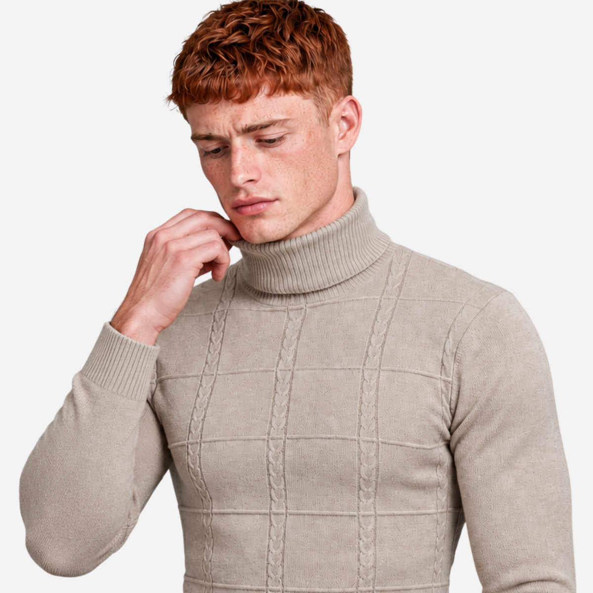 Men’s Grid Cable-Knit Turtleneck Jumper-Fowsa