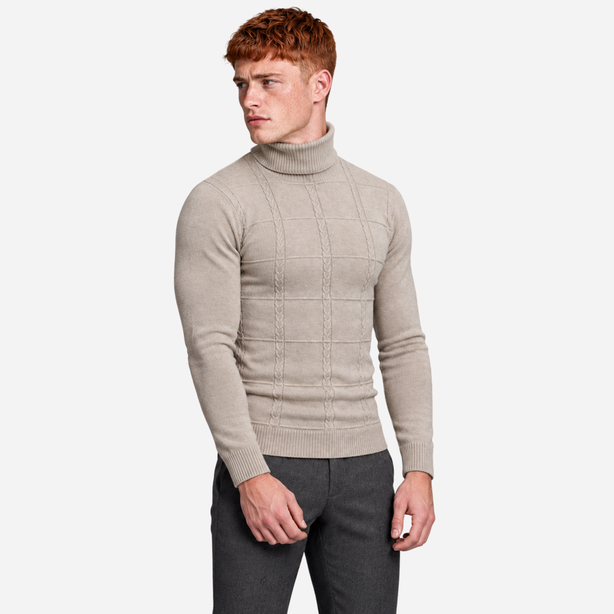 Men’s Grid Cable-Knit Turtleneck Jumper-Fowsa